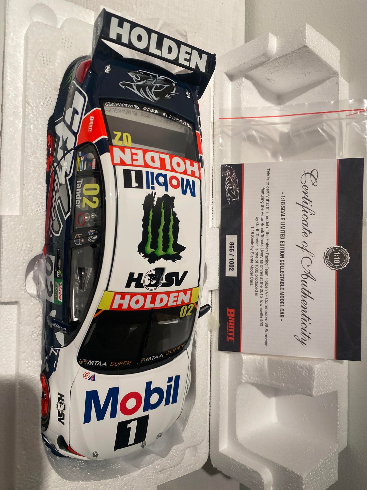 1:18 Biante Holden VF commodore v8 supercar 2015 Townsville 400 Peter Brock tribute Livery , driver Gareth Tander #2